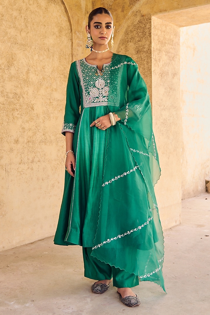 Green Pure Silk Zardosi Hand Embroidered Wedding Anarkali Set by Vinita Bhansali at Pernia's Pop Up Shop