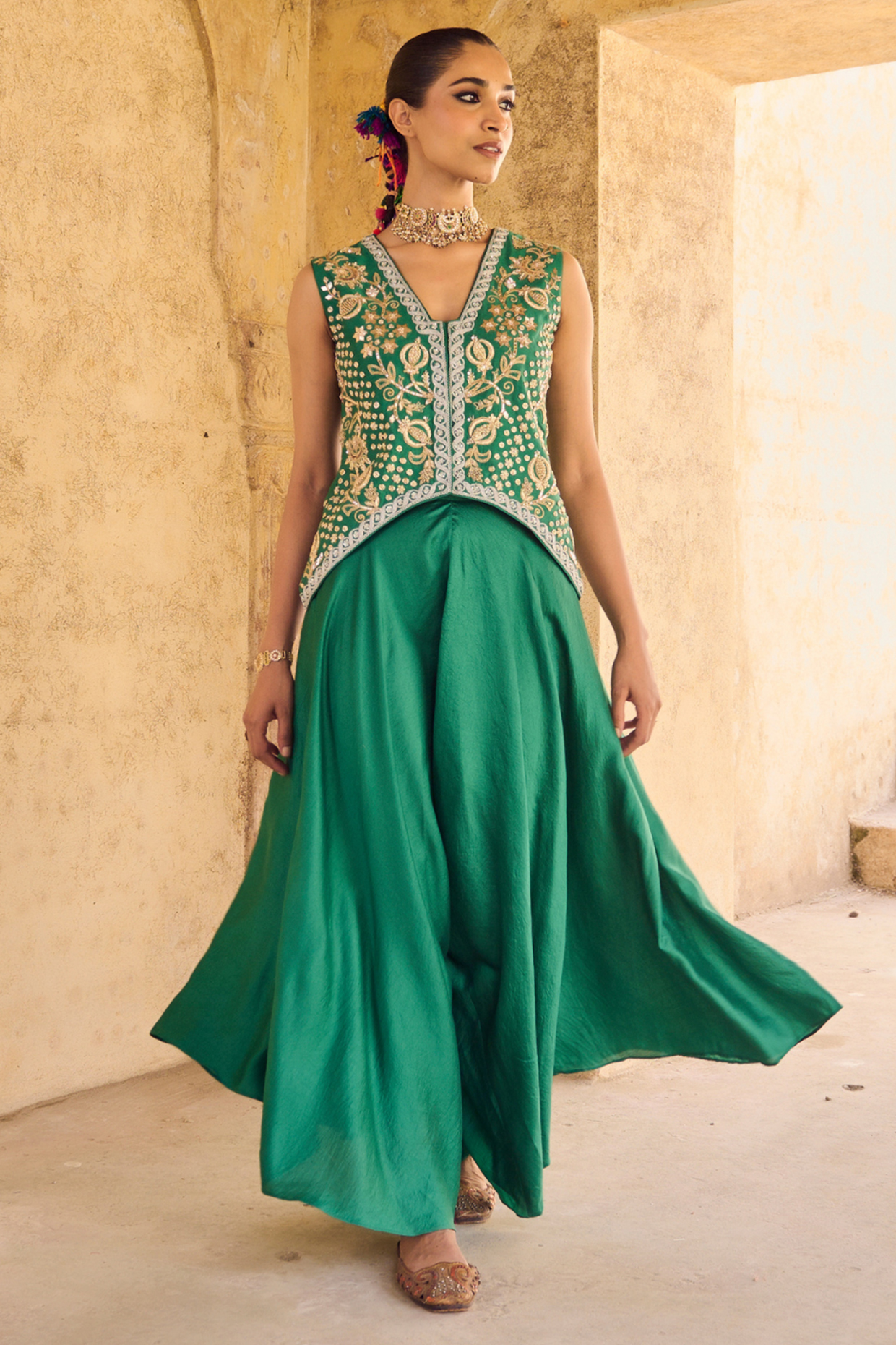 Green Pure Draped Flared Pant Set by Vinita Bhansali at Pernia's Pop Up Shop