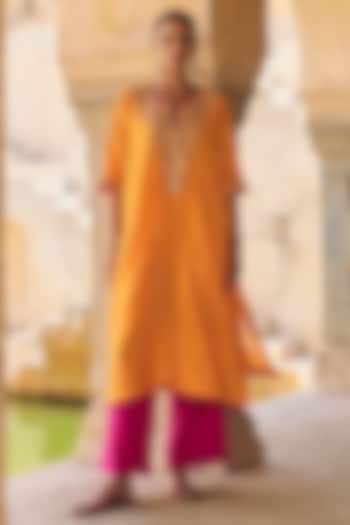 Orange Pure Silk Hand Embroidered Kaftan Set by Vinita Bhansali at Pernia's Pop Up Shop