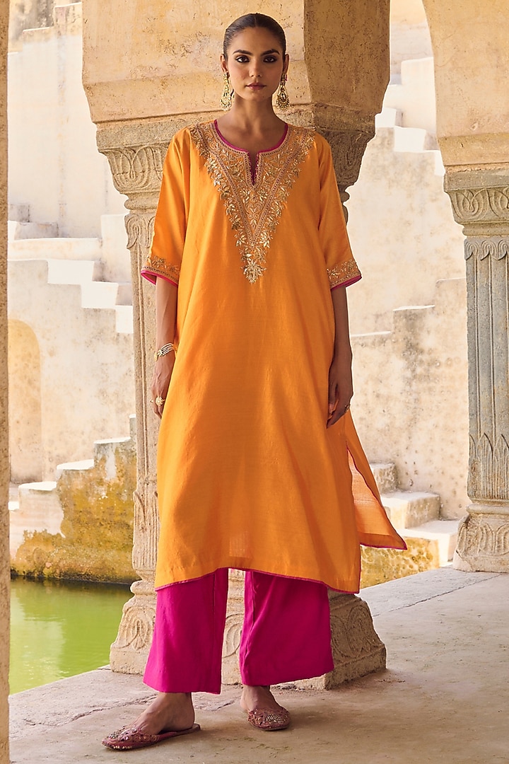 Orange Pure Silk Hand Embroidered Kaftan Set by Vinita Bhansali at Pernia's Pop Up Shop