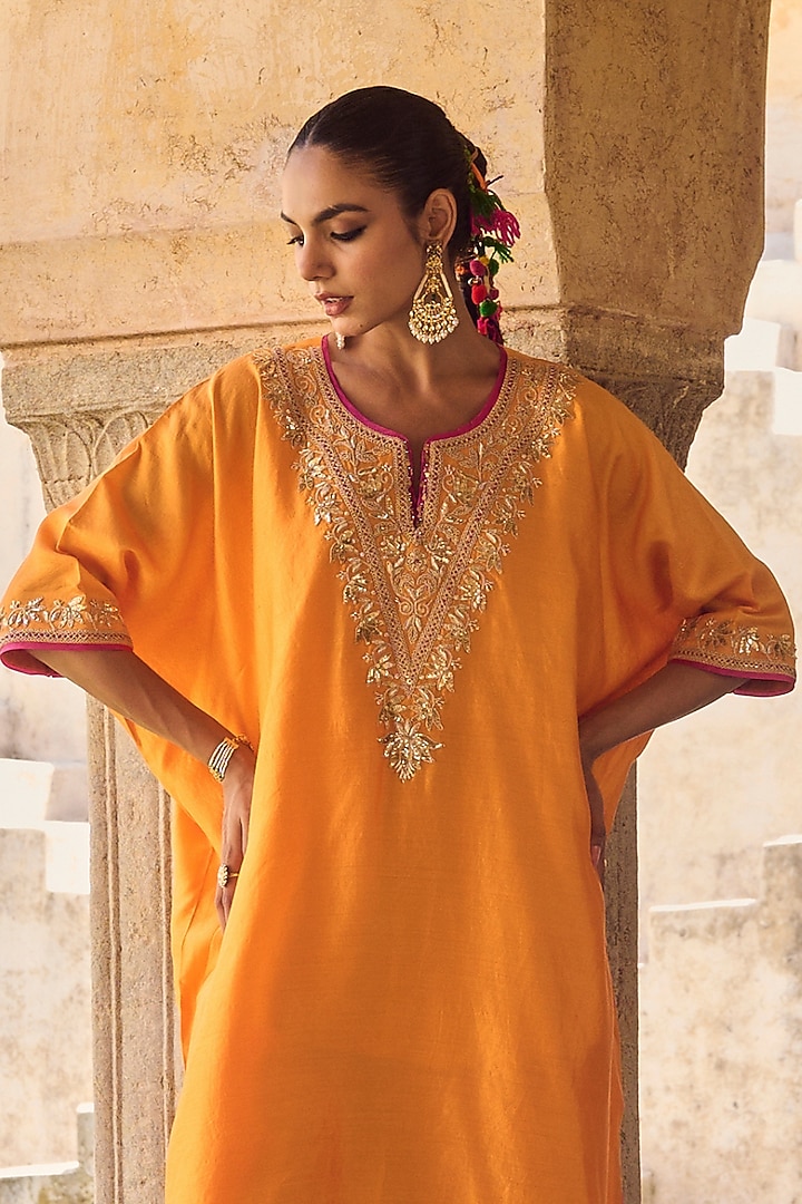 Orange Pure Silk Hand Embroidered Kaftan Set by Vinita Bhansali at Pernia's Pop Up Shop