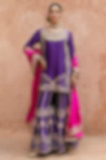 Purple Pure Silk Hand Embroidered Bridal Sharara Set by Vinita Bhansali at Pernia's Pop Up Shop