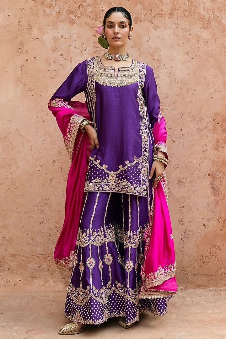 Purple Pure Silk Hand Embroidered Bridal Sharara Set by Vinita Bhansali at Pernia's Pop Up Shop