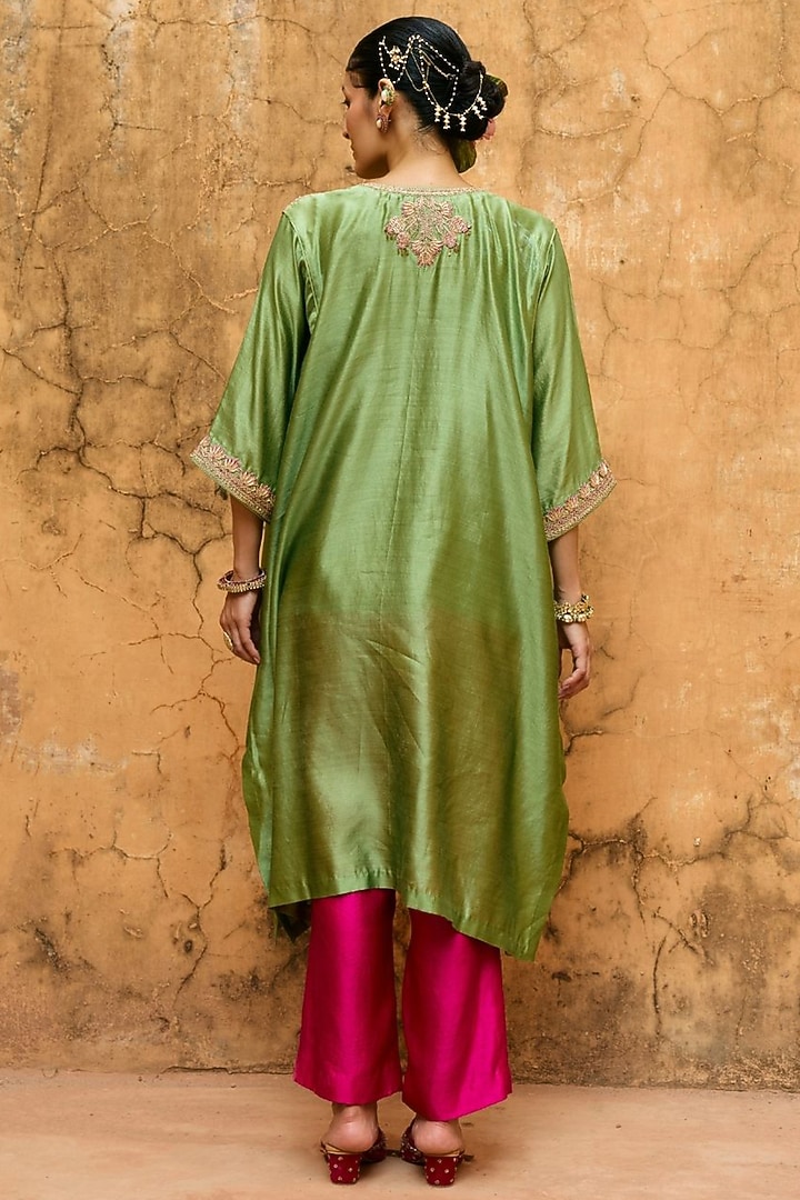 Green Pure Silk Hand Embroidered Kaftan Set by Vinita Bhansali at Pernia's Pop Up Shop