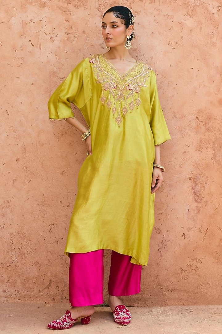 Apple Green Pure Silk Hand Embroidered Kaftan Set by Vinita Bhansali at Pernia's Pop Up Shop