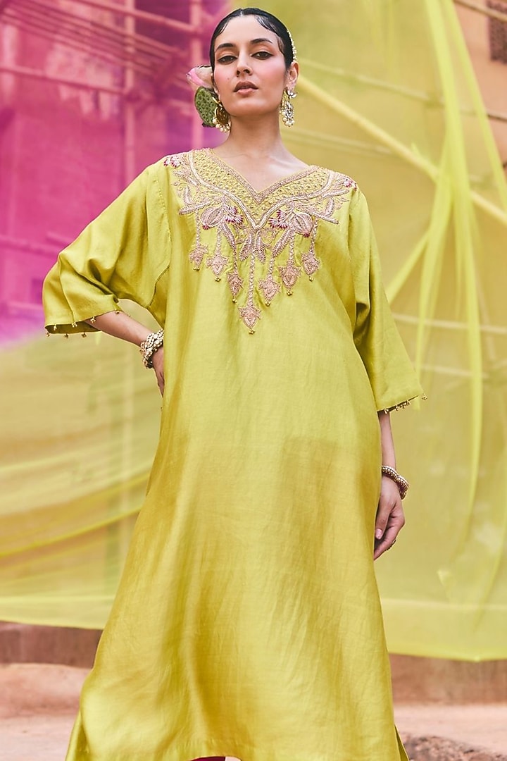 Apple Green Pure Silk Hand Embroidered Kaftan Set by Vinita Bhansali at Pernia's Pop Up Shop
