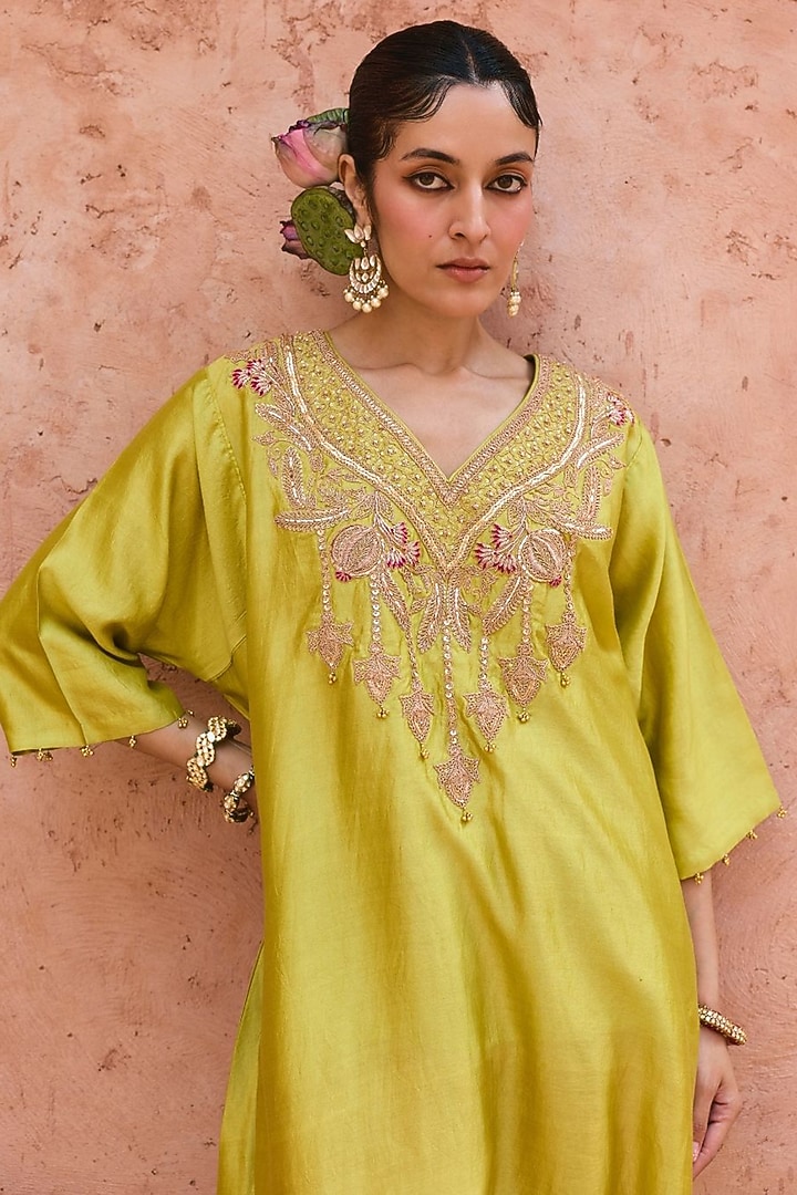 Apple Green Pure Silk Hand Embroidered Kaftan Set by Vinita Bhansali at Pernia's Pop Up Shop