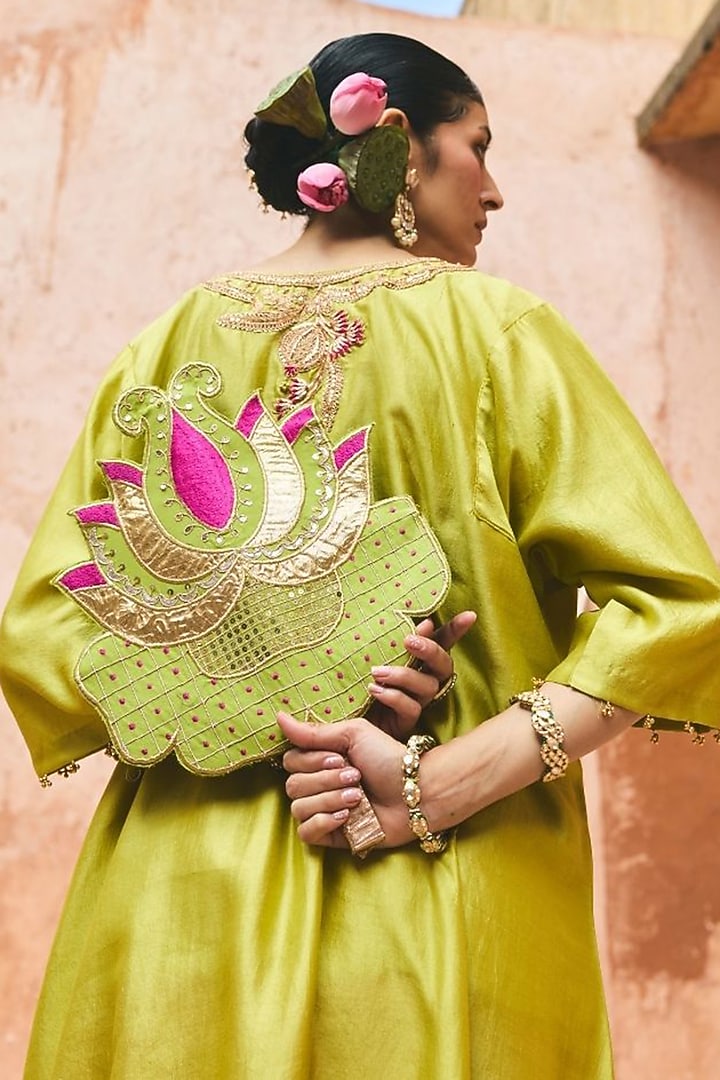 Apple Green Pure Silk Hand Embroidered Kaftan Set by Vinita Bhansali at Pernia's Pop Up Shop