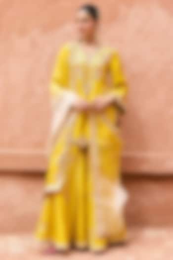 Golden Yellow Pure Silk Hand Embroidered Bridal Sharara Set by Vinita Bhansali at Pernia's Pop Up Shop
