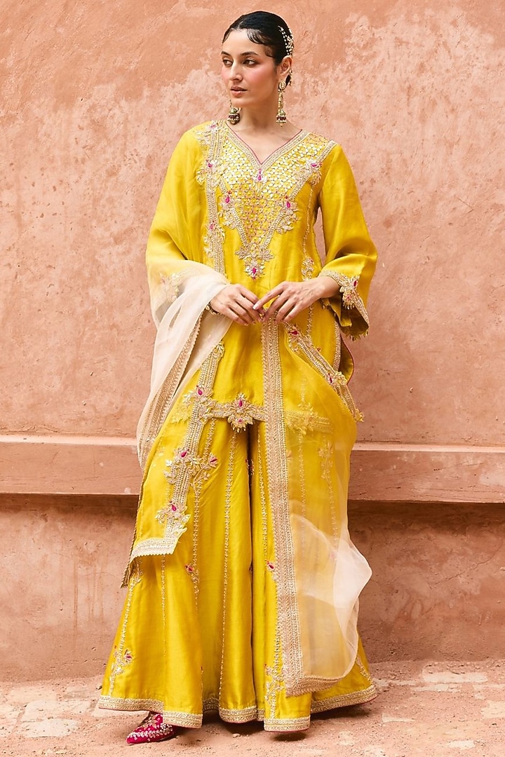 Golden Yellow Pure Silk Hand Embroidered Bridal Sharara Set by Vinita Bhansali at Pernia's Pop Up Shop