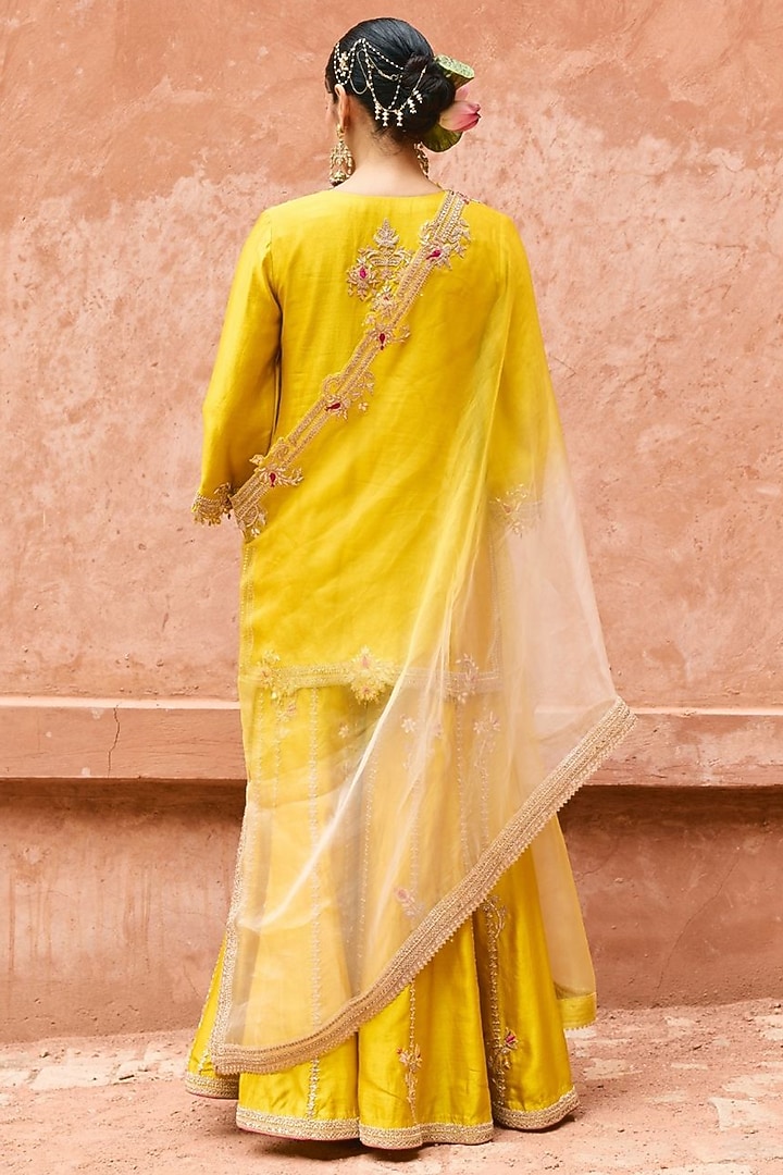 Golden Yellow Pure Silk Hand Embroidered Bridal Sharara Set by Vinita Bhansali at Pernia's Pop Up Shop