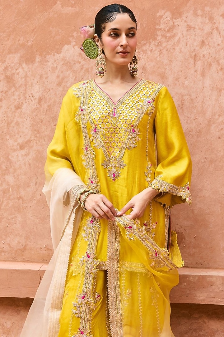 Golden Yellow Pure Silk Hand Embroidered Bridal Sharara Set by Vinita Bhansali at Pernia's Pop Up Shop