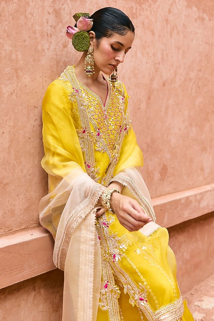 Golden Yellow Pure Silk Hand Embroidered Bridal Sharara Set by Vinita Bhansali at Pernia's Pop Up Shop