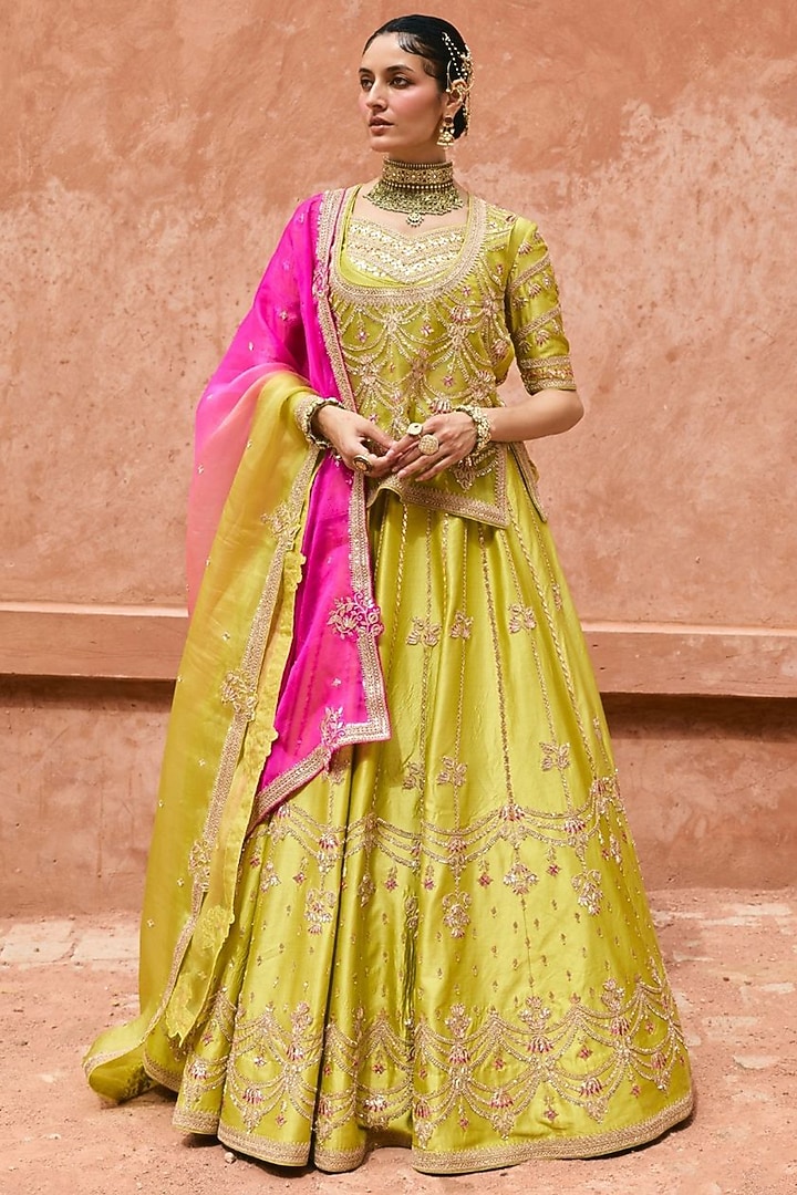 Apple Green Pure Silk Hand Embroidered Bridal Lehenga Set by Vinita Bhansali at Pernia's Pop Up Shop