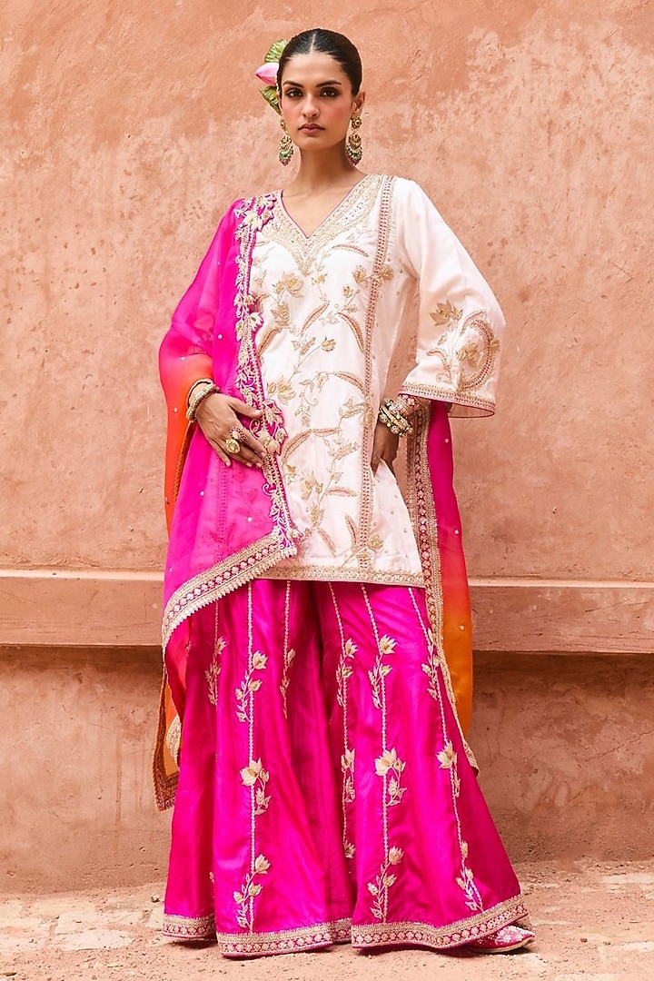 Ivory Pure Silk Hand Embroidered Bridal Sharara Set by Vinita Bhansali at Pernia's Pop Up Shop