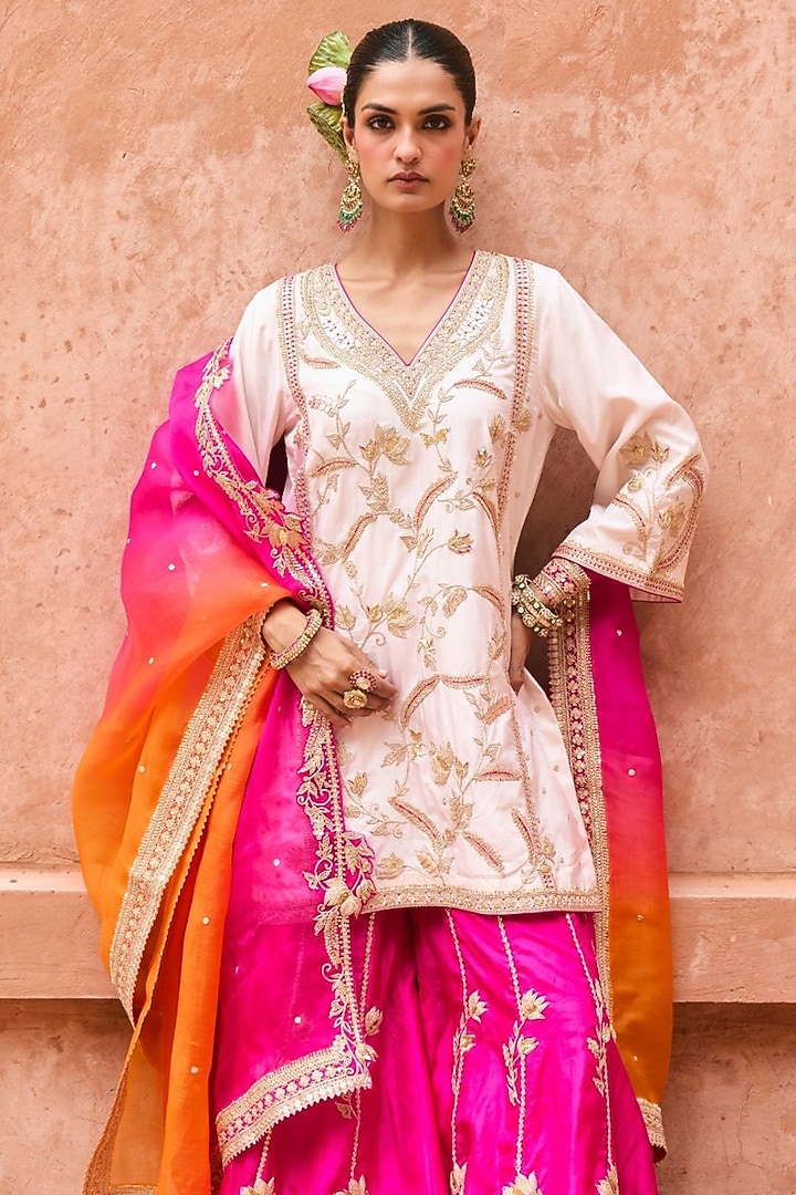 Ivory Pure Silk Hand Embroidered Bridal Sharara Set by Vinita Bhansali at Pernia's Pop Up Shop