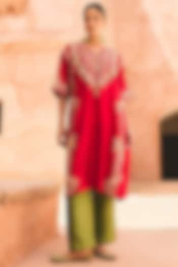 Red Pure Silk Hand Embroidered Kaftan Set by Vinita Bhansali at Pernia's Pop Up Shop
