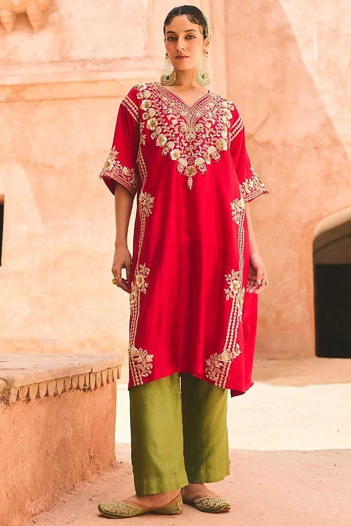 Red Pure Silk Hand Embroidered Kaftan Set by Vinita Bhansali at Pernia's Pop Up Shop