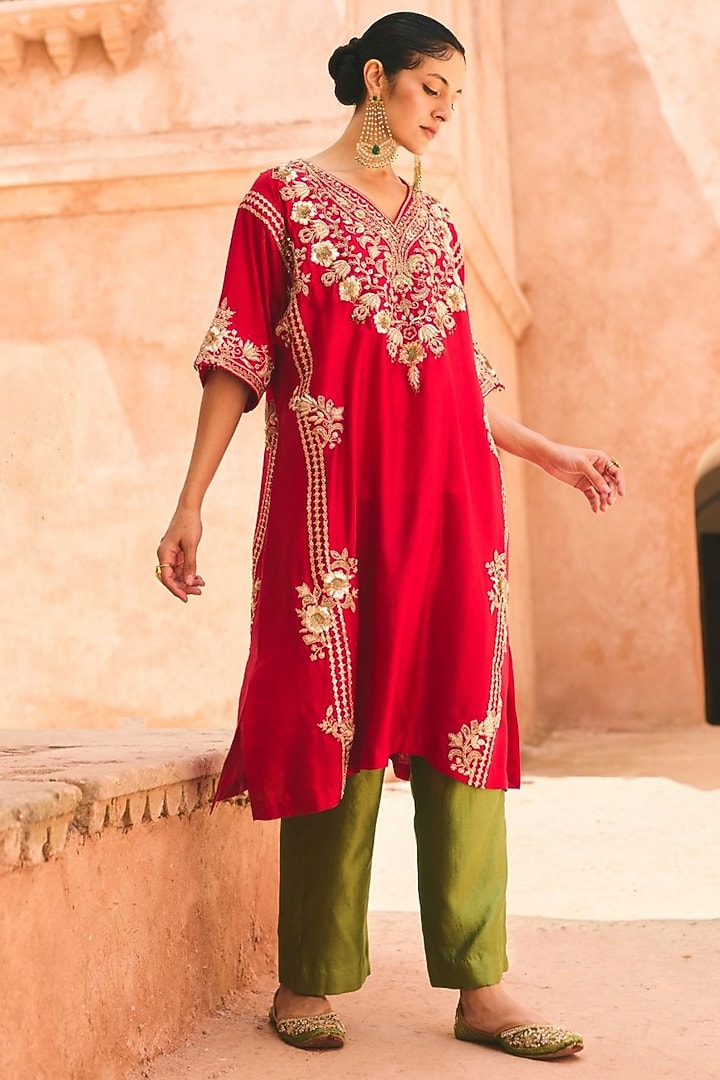 Red Pure Silk Hand Embroidered Kaftan Set by Vinita Bhansali at Pernia's Pop Up Shop