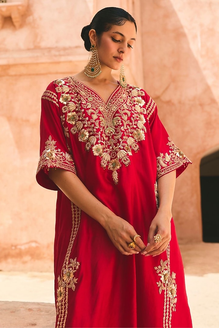 Red Pure Silk Hand Embroidered Kaftan Set by Vinita Bhansali at Pernia's Pop Up Shop
