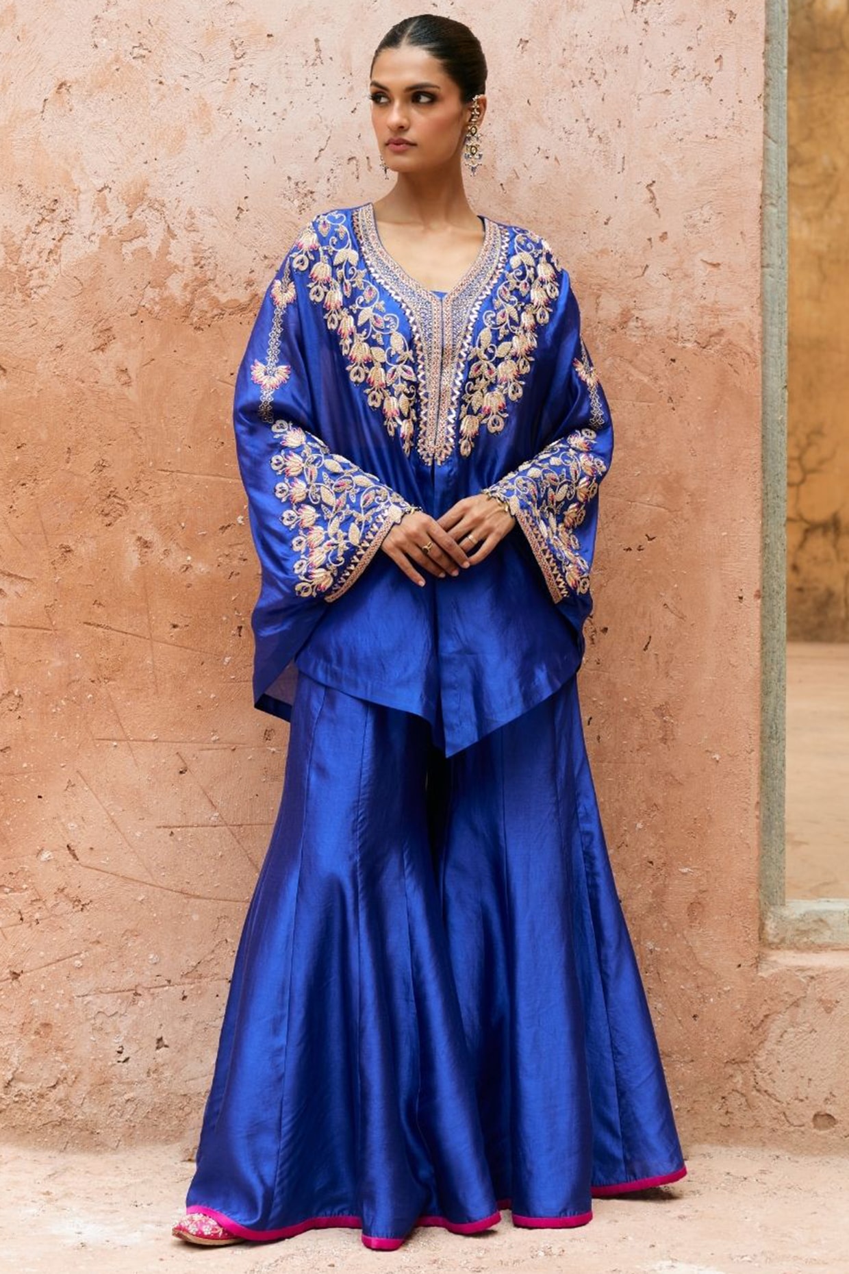 Vinita Bhansali Blue Pure Silk Hand Embroidered Cape Set