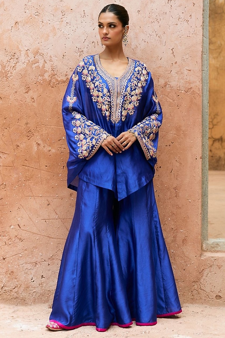 Blue Pure Silk Hand Embroidered Cape Set by Vinita Bhansali at Pernia's Pop Up Shop