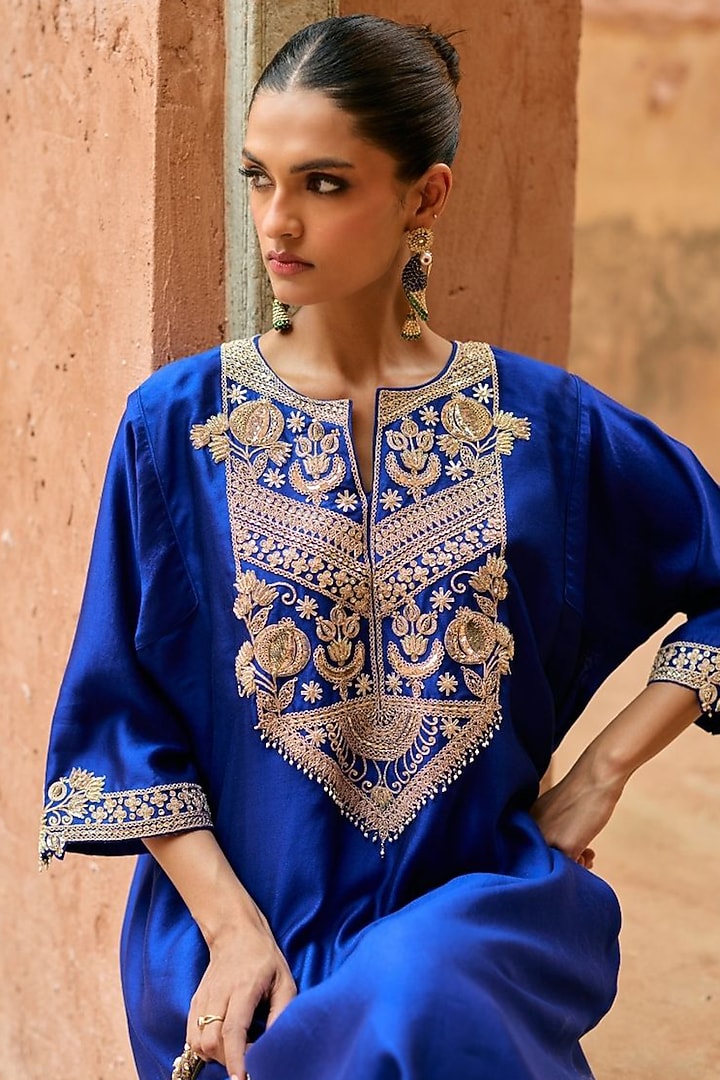 Blue Pure Silk Hand-Embroidered Kaftan Set by Vinita Bhansali at Pernia's Pop Up Shop