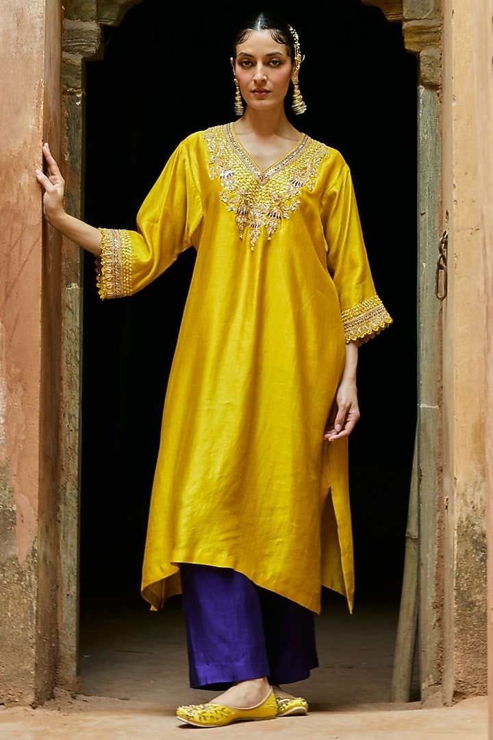 Yellow Pure Silk Hand Embroidered Kaftan Set by Vinita Bhansali at Pernia's Pop Up Shop