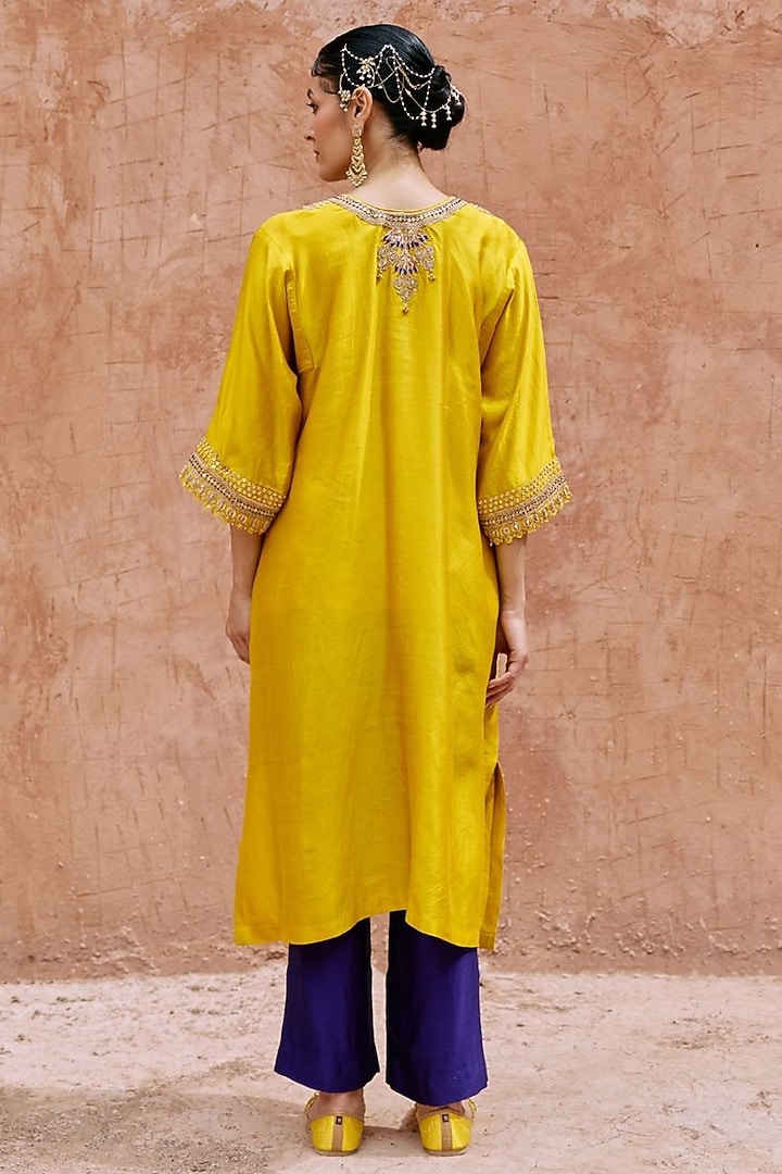 Yellow Pure Silk Hand Embroidered Kaftan Set by Vinita Bhansali at Pernia's Pop Up Shop
