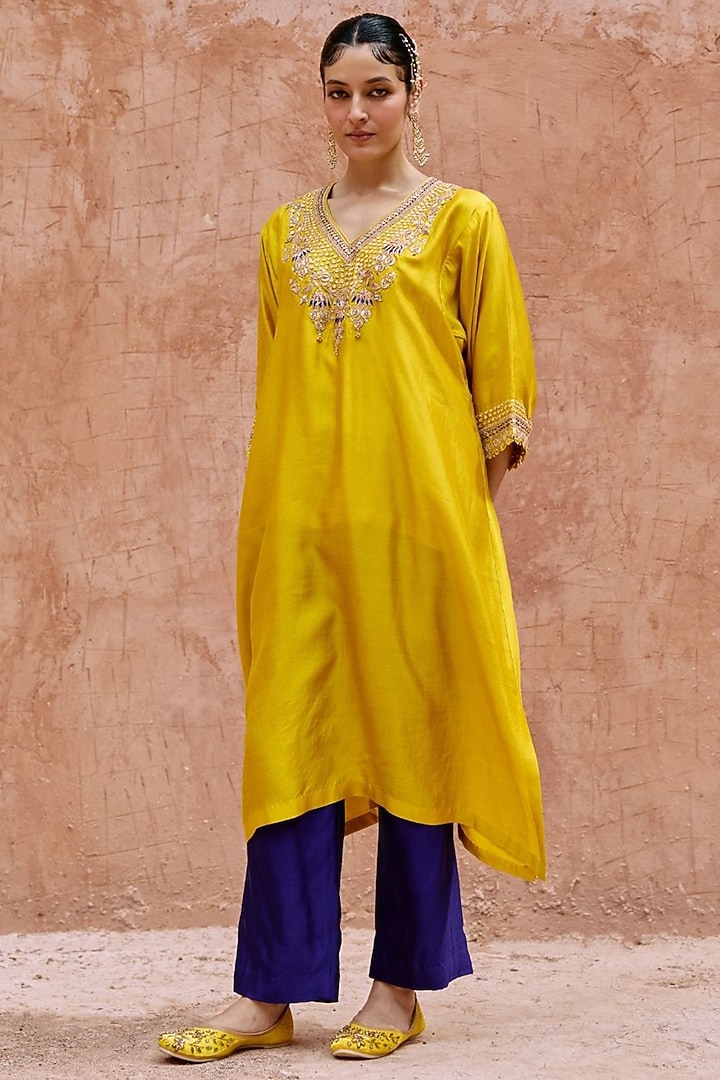 Yellow Pure Silk Hand Embroidered Kaftan Set by Vinita Bhansali at Pernia's Pop Up Shop