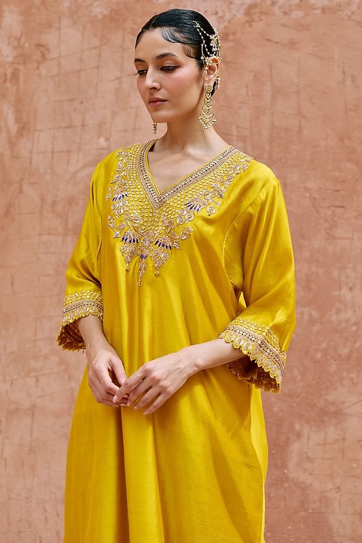 Yellow Pure Silk Hand Embroidered Kaftan Set by Vinita Bhansali at Pernia's Pop Up Shop