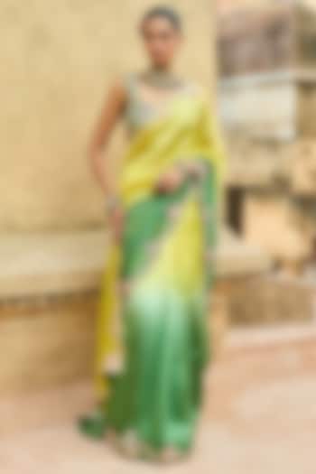 Green & Yellow Pure Silk Hand Embroidered Reception Saree Set by Vinita Bhansali at Pernia's Pop Up Shop
