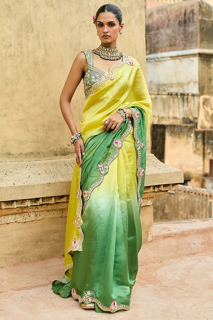 Green & Yellow Pure Silk Hand Embroidered Reception Saree Set by Vinita Bhansali at Pernia's Pop Up Shop