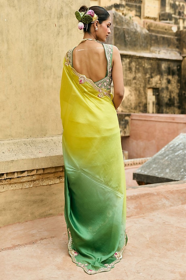 Green & Yellow Pure Silk Hand Embroidered Reception Saree Set by Vinita Bhansali at Pernia's Pop Up Shop