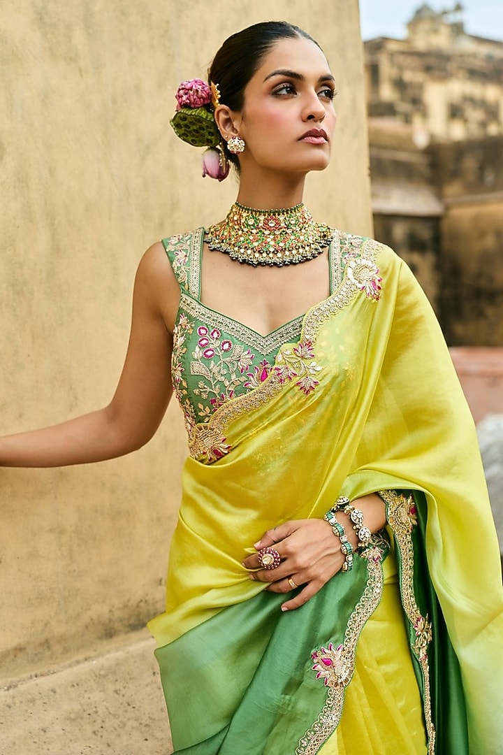 Green & Yellow Pure Silk Hand Embroidered Reception Saree Set by Vinita Bhansali at Pernia's Pop Up Shop