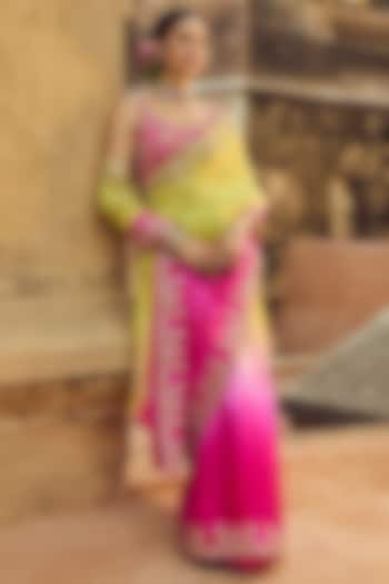 Pink & Apple Green Pure Silk Hand Embroidered Reception Saree Set by Vinita Bhansali at Pernia's Pop Up Shop