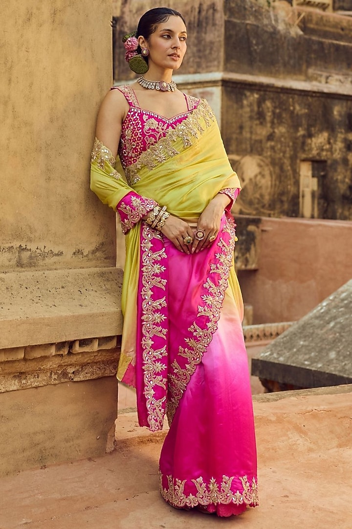 Pink & Apple Green Pure Silk Hand Embroidered Reception Saree Set by Vinita Bhansali at Pernia's Pop Up Shop
