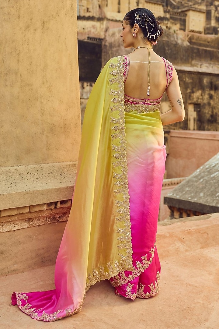 Pink & Apple Green Pure Silk Hand Embroidered Reception Saree Set by Vinita Bhansali at Pernia's Pop Up Shop