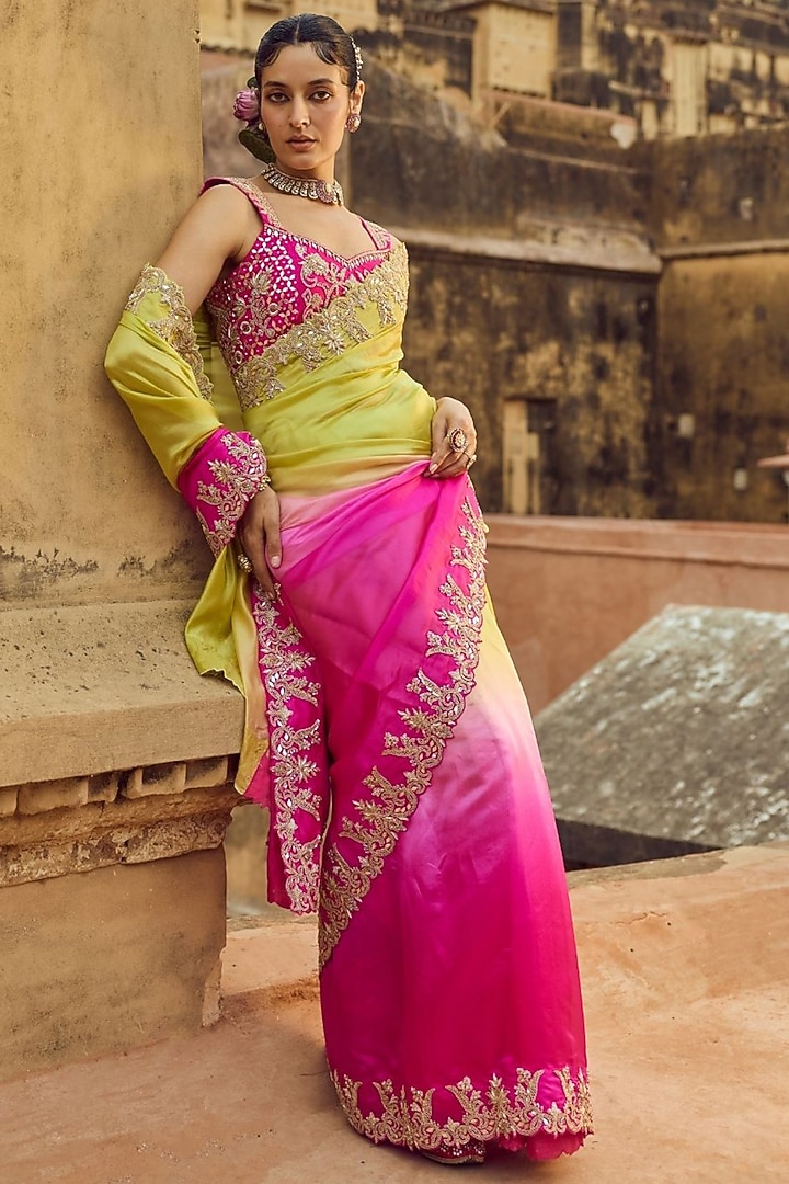 Pink & Apple Green Pure Silk Hand Embroidered Reception Saree Set by Vinita Bhansali at Pernia's Pop Up Shop