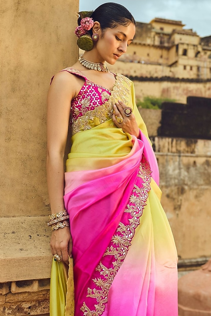 Pink & Apple Green Pure Silk Hand Embroidered Reception Saree Set by Vinita Bhansali at Pernia's Pop Up Shop
