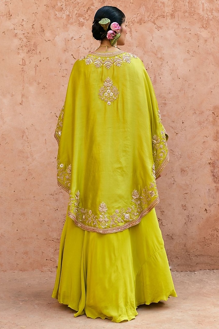 Apple Green Pure Silk Zardosi Embroidered Cape Set by Vinita Bhansali at Pernia's Pop Up Shop