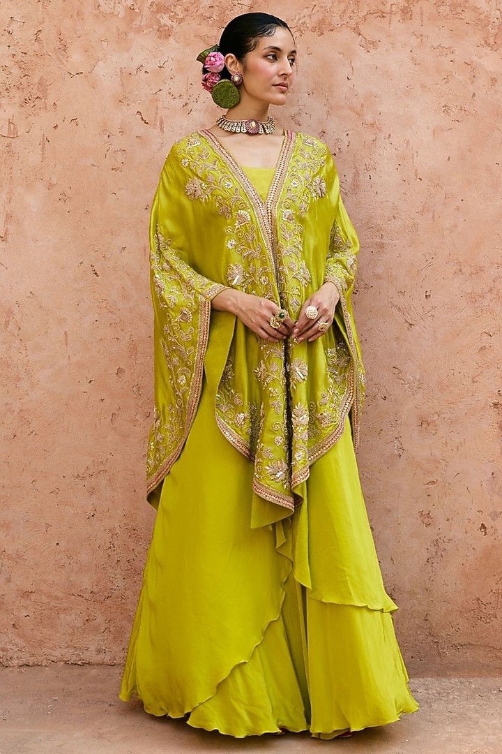 Apple Green Pure Silk Zardosi Embroidered Cape Set by Vinita Bhansali at Pernia's Pop Up Shop