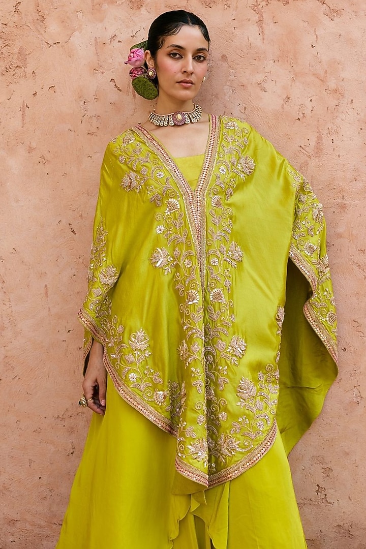 Apple Green Pure Silk Zardosi Embroidered Cape Set by Vinita Bhansali at Pernia's Pop Up Shop