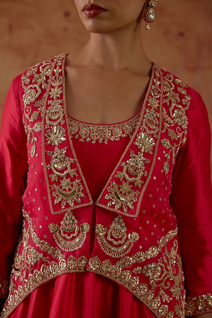 Red Pure Silk Organza Zardosi Embroidered Jacket Wedding Anarkali Set by Vinita Bhansali at Pernia's Pop Up Shop