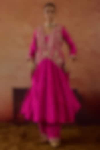 Pink Pure Silk Organza Zardosi Embroidered Jacket Wedding Anarkali Set by Vinita Bhansali at Pernia's Pop Up Shop