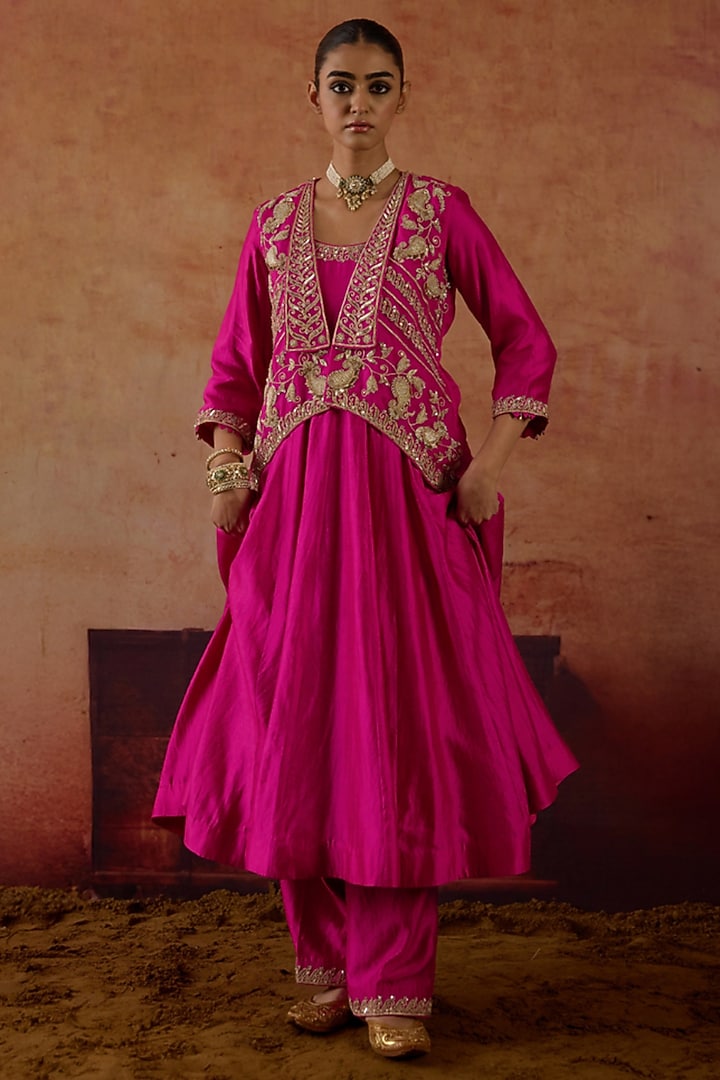 Pink Pure Silk Organza Zardosi Embroidered Jacket Wedding Anarkali Set by Vinita Bhansali at Pernia's Pop Up Shop
