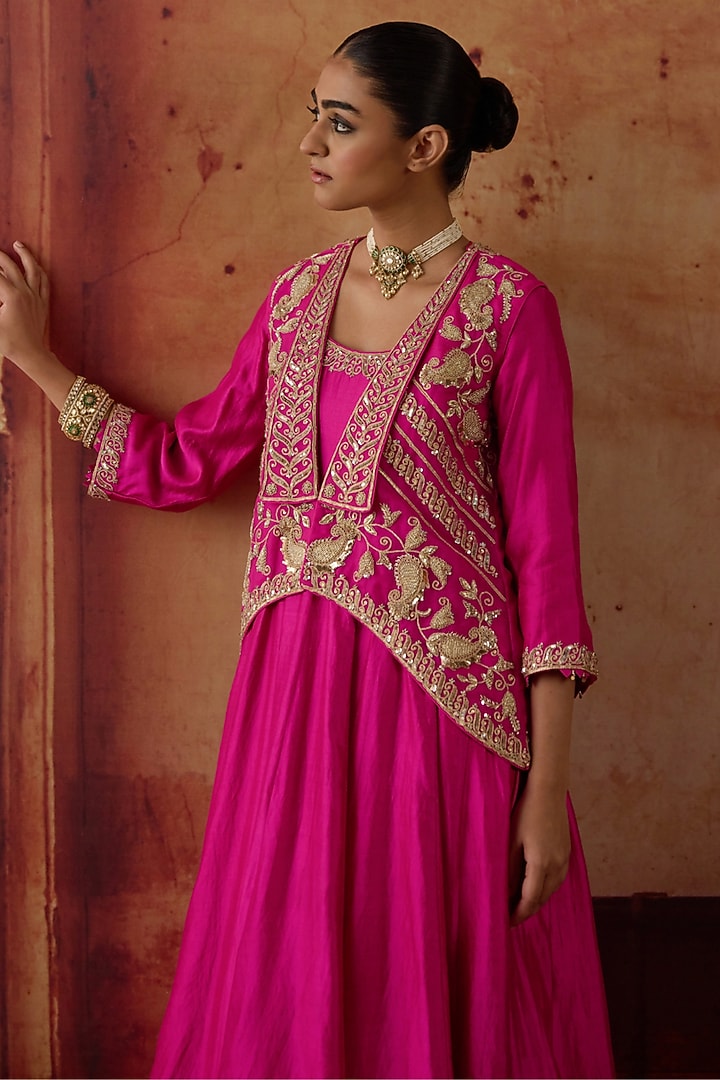 Pink Pure Silk Organza Zardosi Embroidered Jacket Wedding Anarkali Set by Vinita Bhansali at Pernia's Pop Up Shop