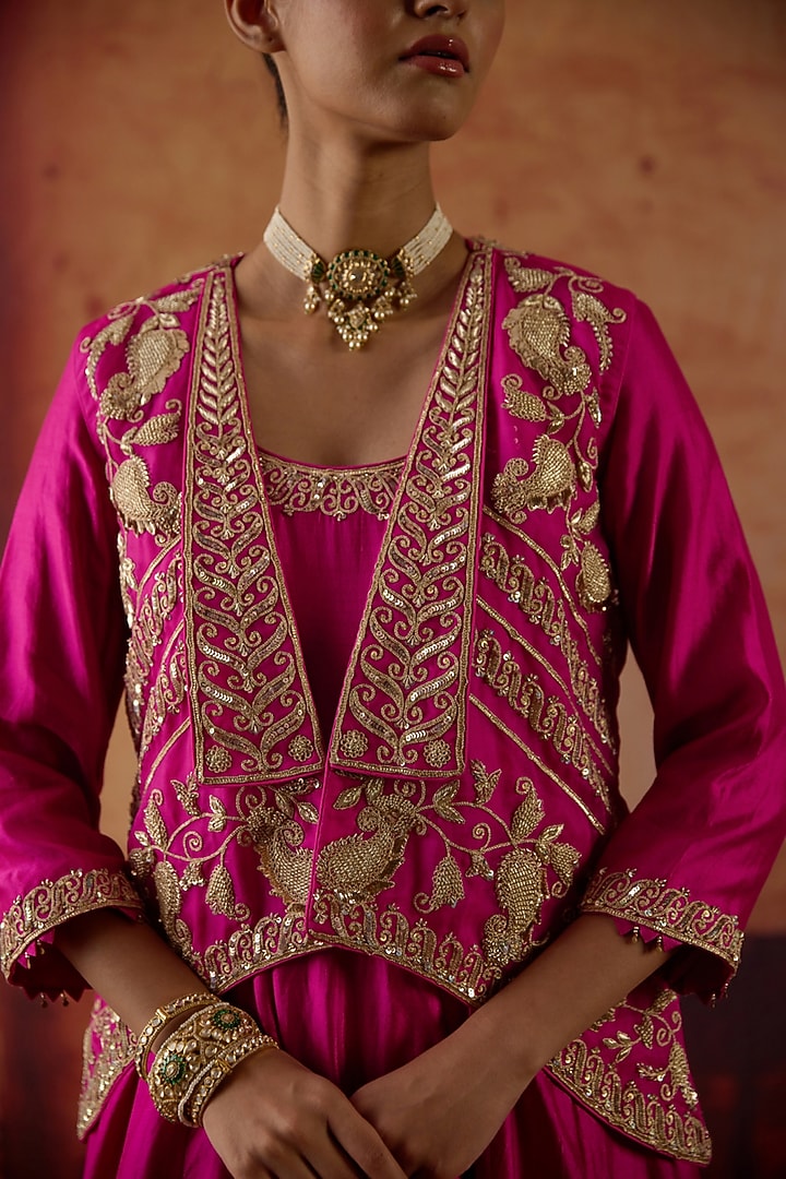 Pink Pure Silk Organza Zardosi Embroidered Jacket Wedding Anarkali Set by Vinita Bhansali at Pernia's Pop Up Shop