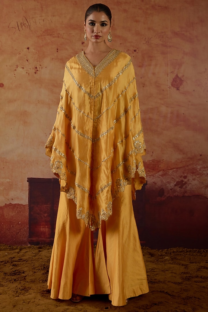 Yellow Pure Silk Zardosi Embroidered Cape Set by Vinita Bhansali at Pernia's Pop Up Shop