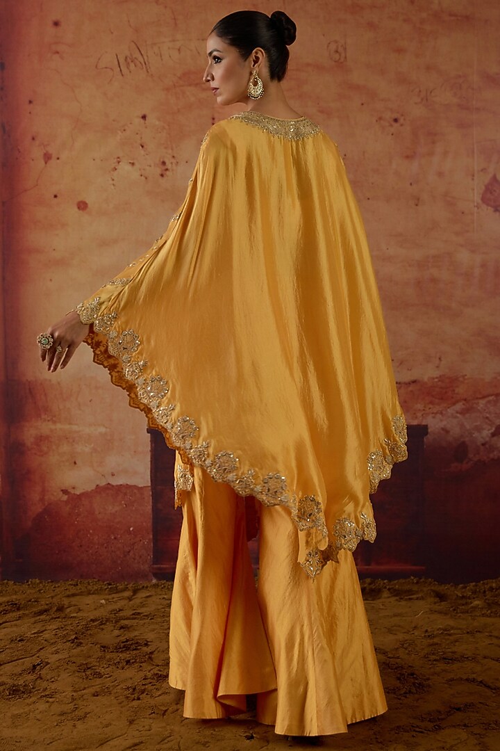 Yellow Pure Silk Zardosi Embroidered Cape Set by Vinita Bhansali at Pernia's Pop Up Shop